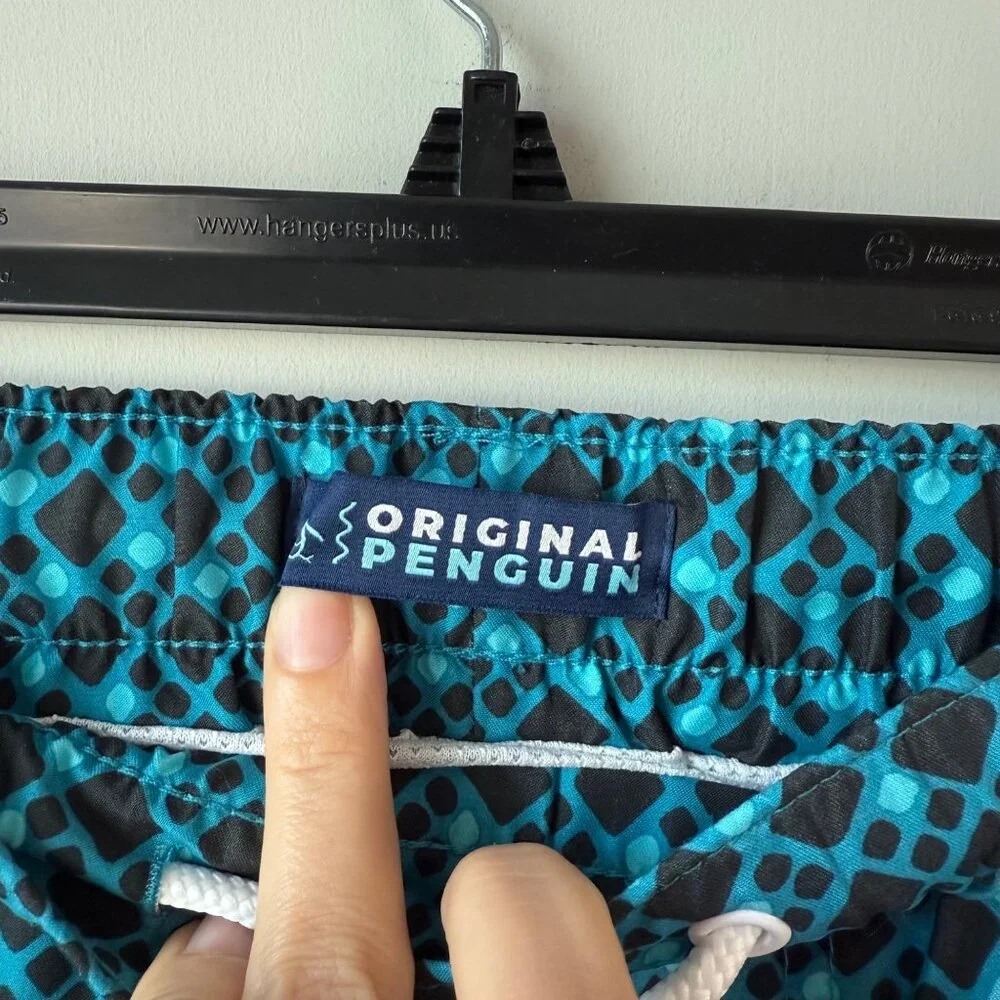 Original Penguin All-Over Geo Print Swim Short Mens Size XXL Teal‎ Black